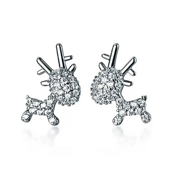 Silver Plated Rhinestone Reindeer Earring Pair - Picture 1 of 9